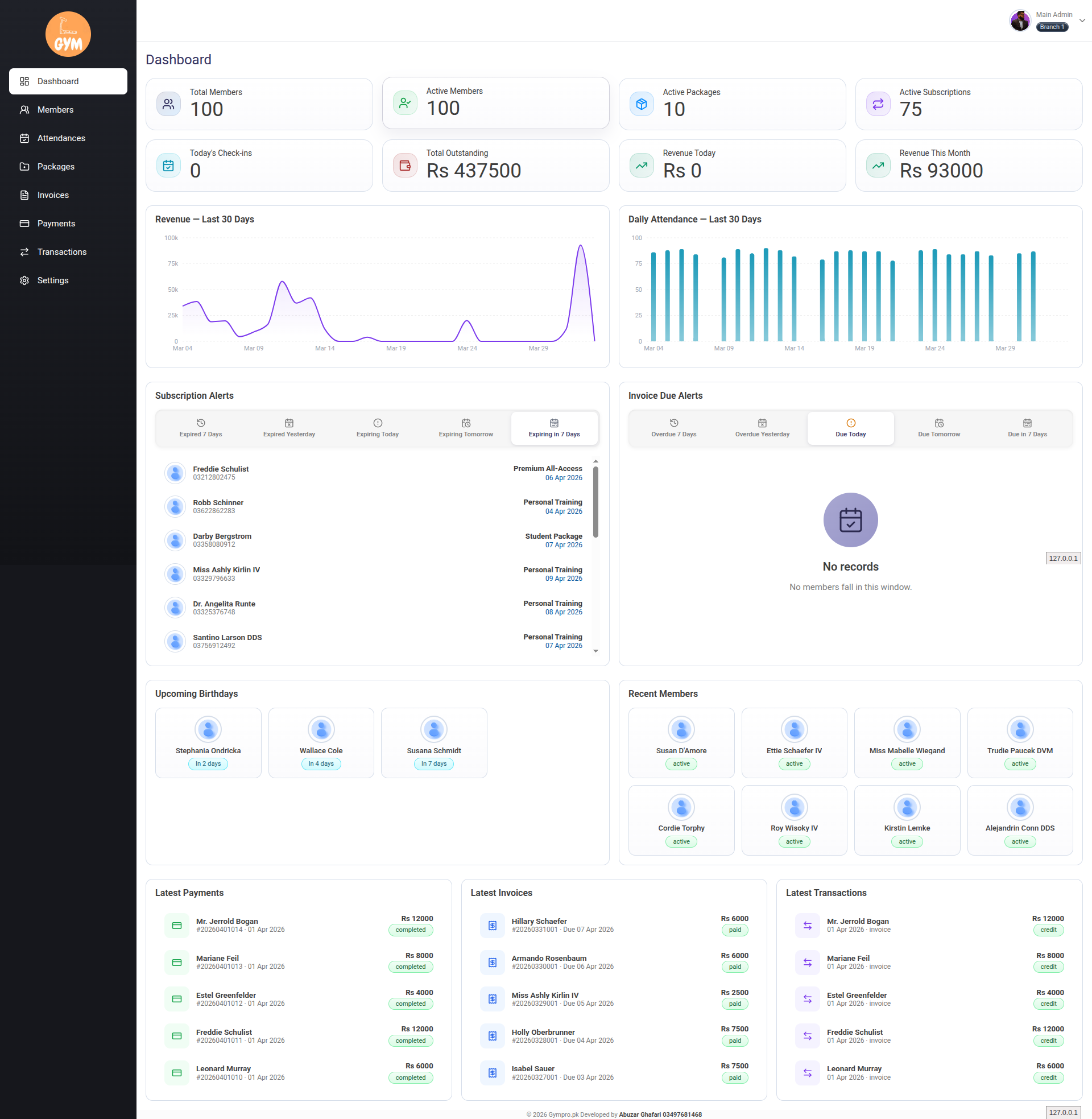 GymTrack Branch Portal Dashboard
