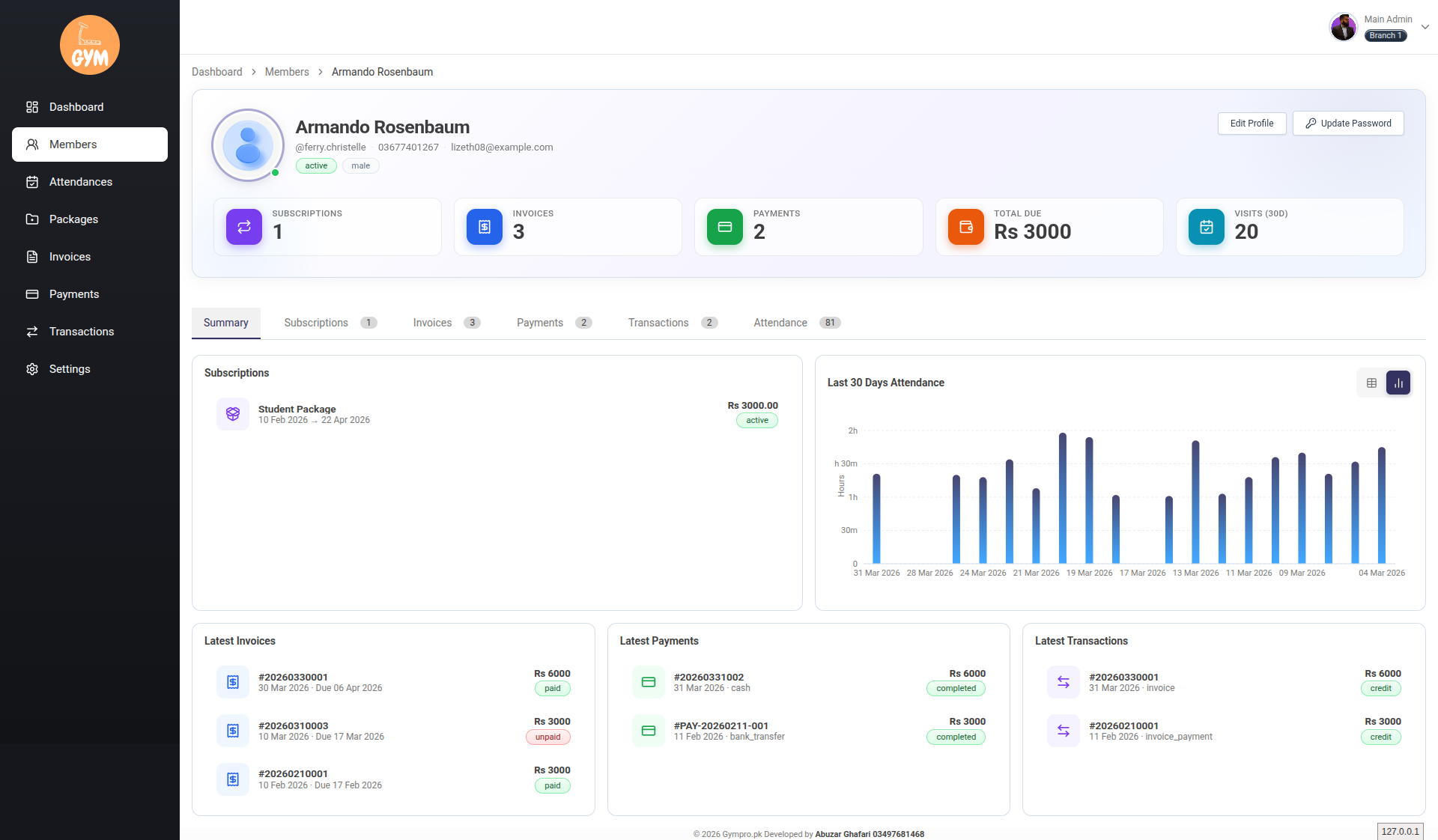GymTrack Member Profile View
